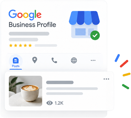 Ilustración de un perfil de negocio con cafetería, ficha de Google y elementos de contenido