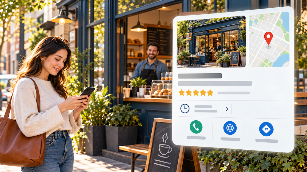 Cafetería con cliente consultando su teléfono y tarjeta de negocio con ubicación y reseñas